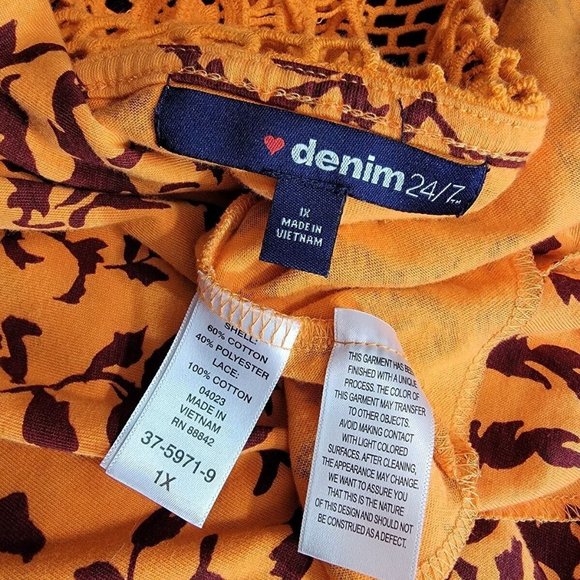 Denim 24/7 Top Plus Size 1X Crochet Stretch Open Tie Front Square‎ Neck Orange - Picture 5 of 6